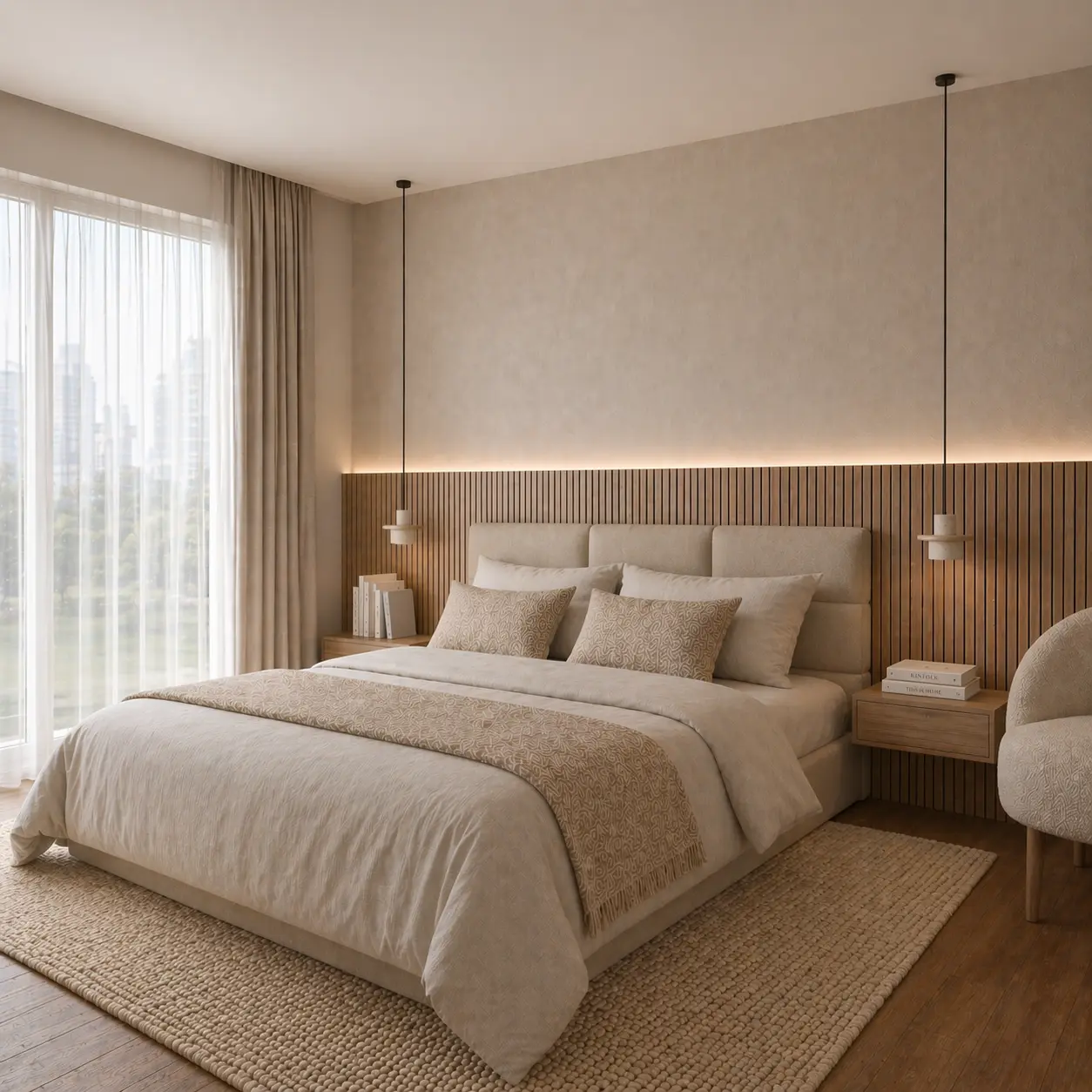 Dormitorio principal con testero de madera listonada.