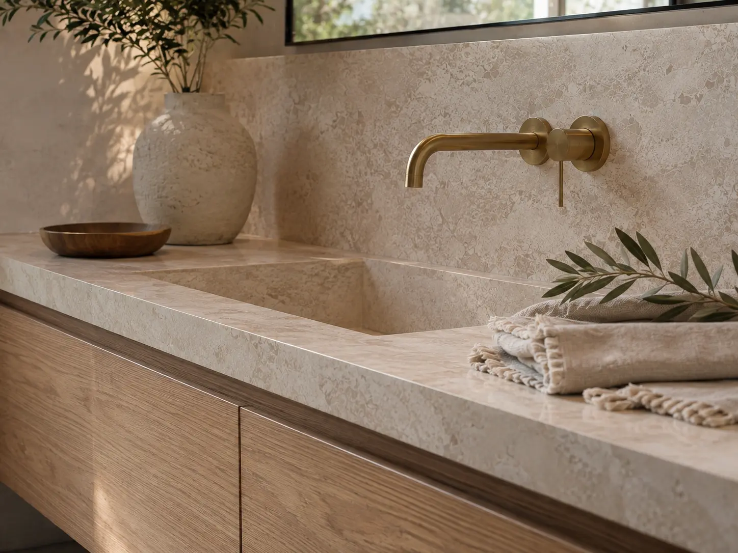Stone basin detail with brass fittings.