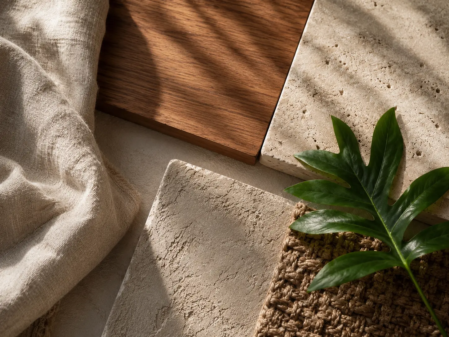 Material samples in wood, stone, linen, and natural fibre.
