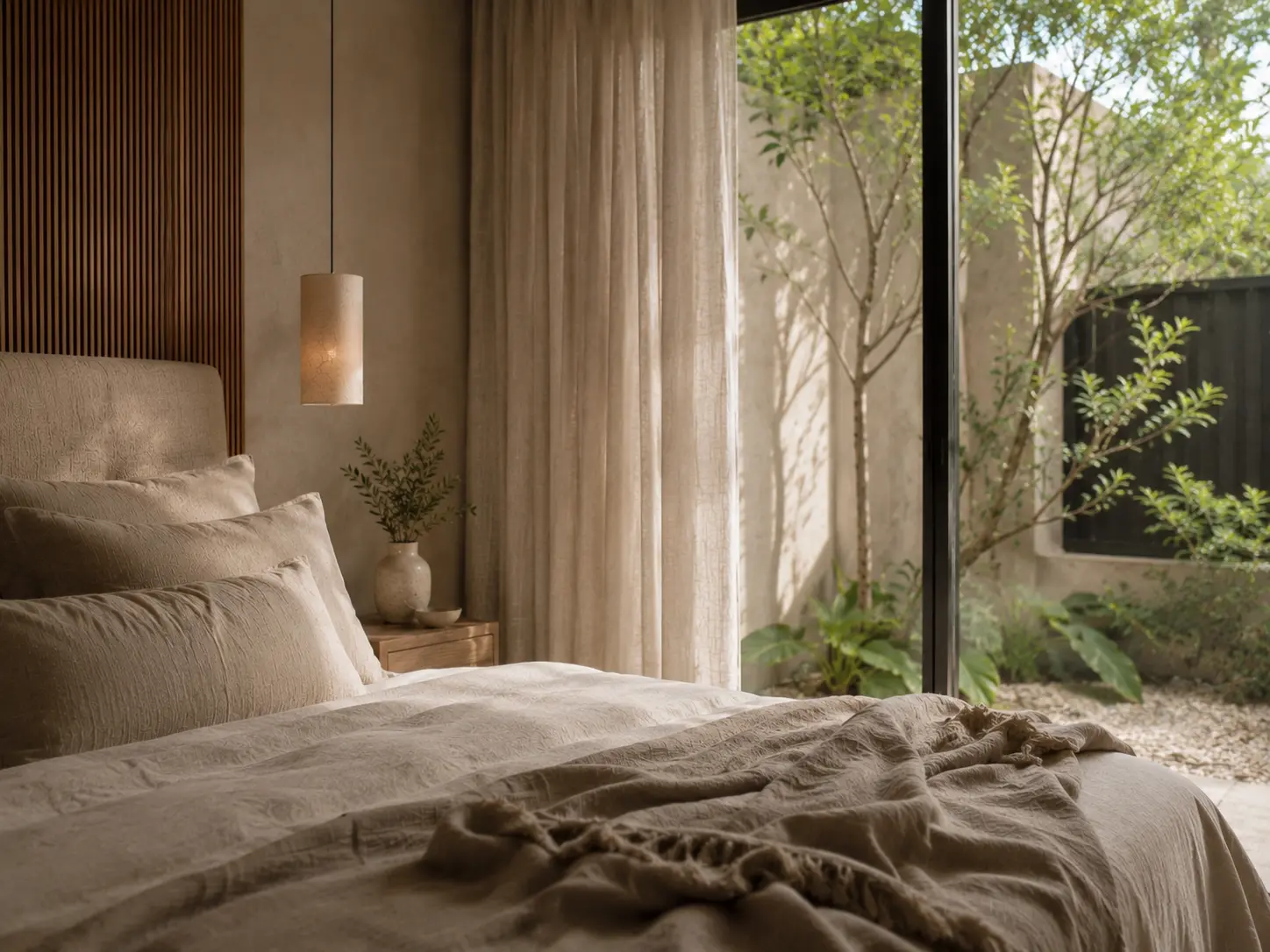 Natural light filtering through linen curtains onto the stone floor.
