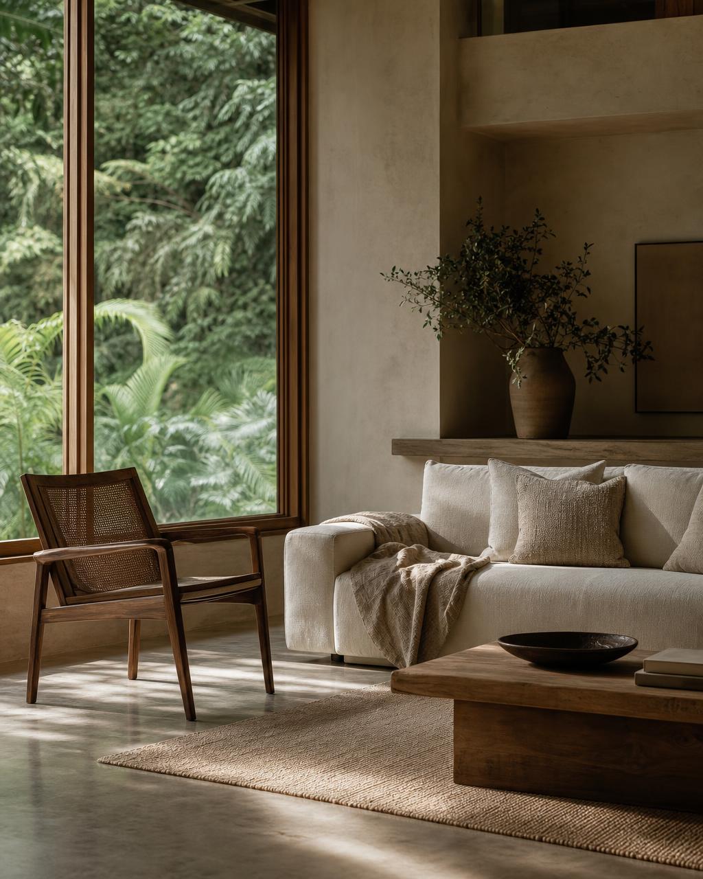 Serene Costa Rican living room with natural light, teak windows, linen sofa and tropical greenery.