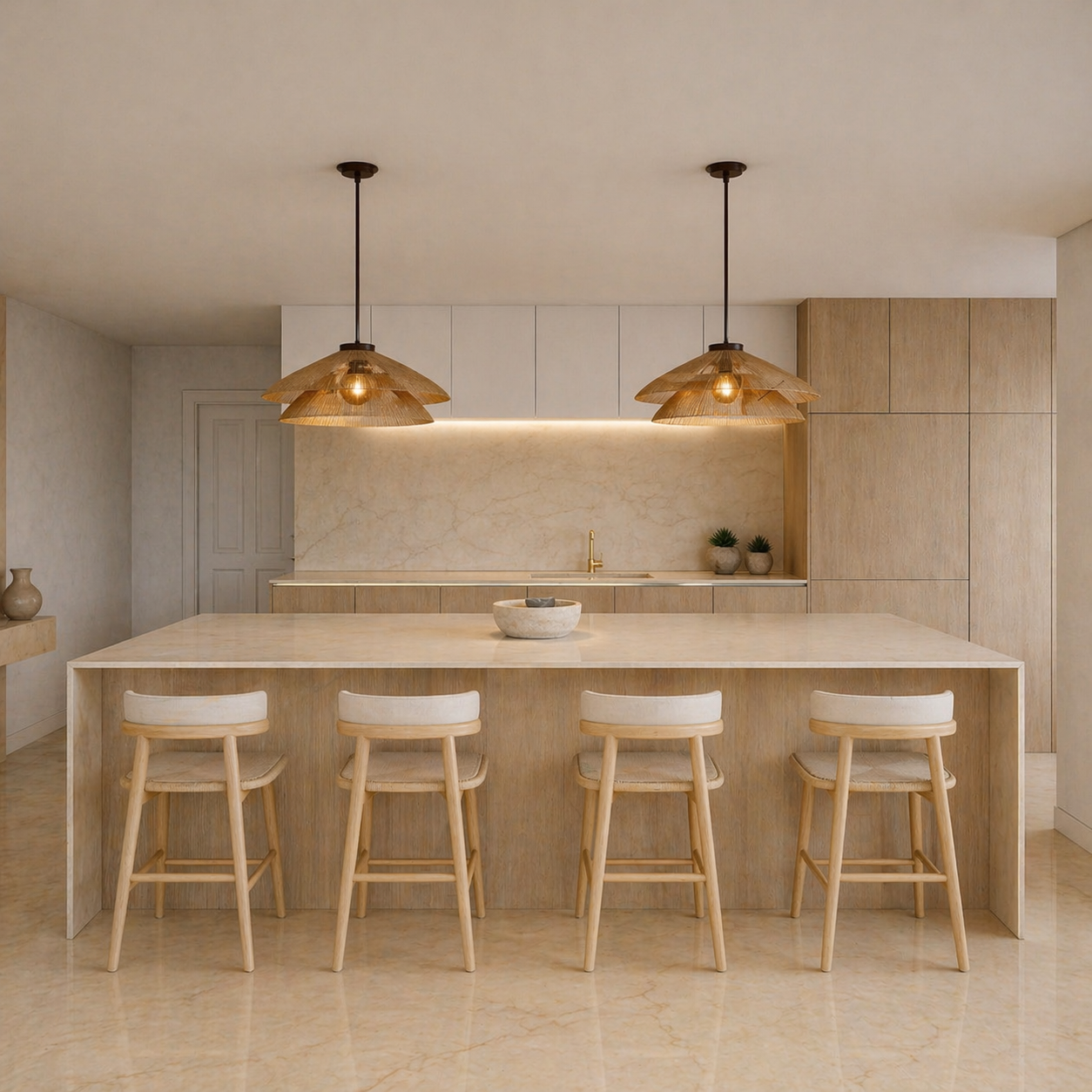 Isla de cocina en piedra clara y madera.