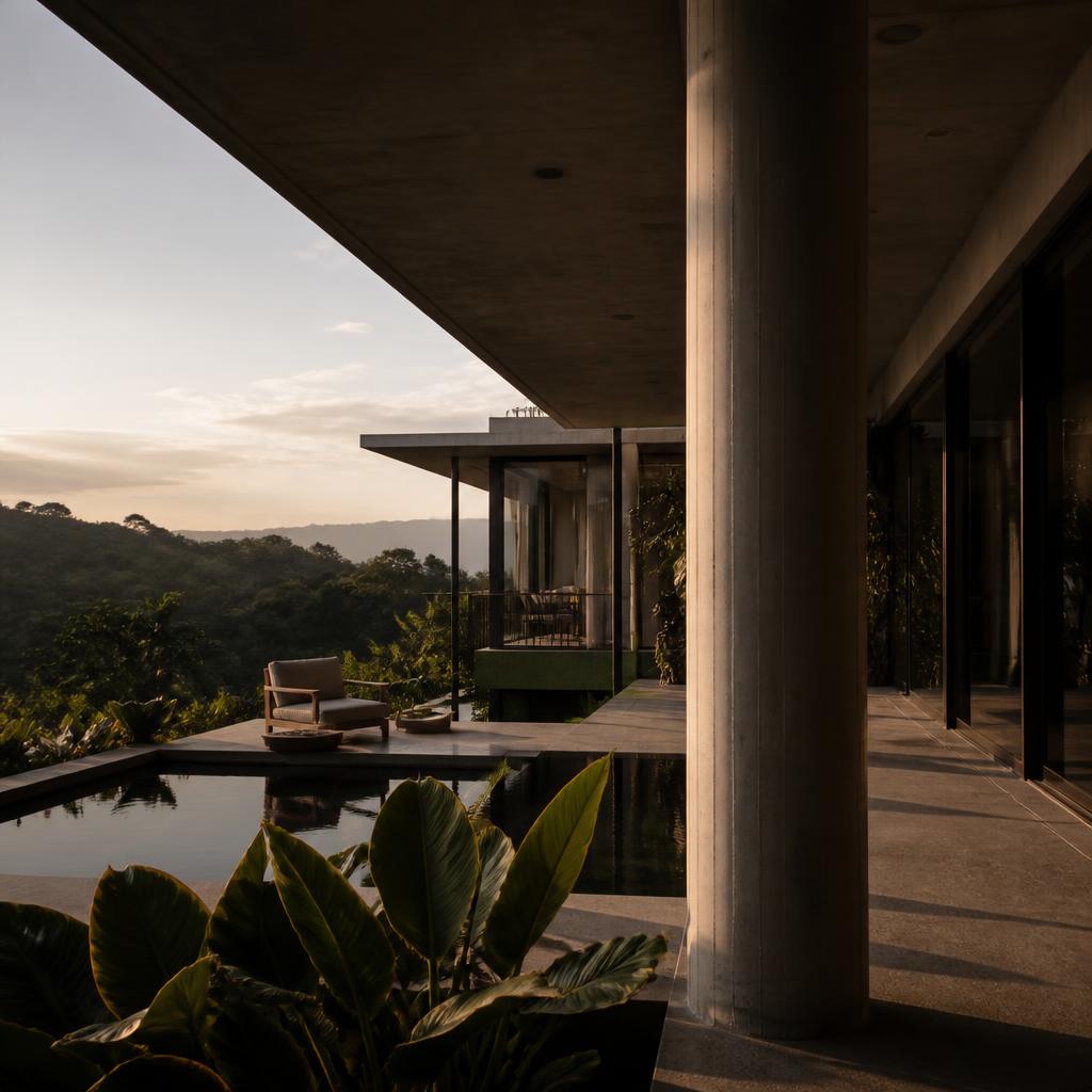 Concrete columns and clean horizontal lines of a modern Costa Rican residence at golden hour.