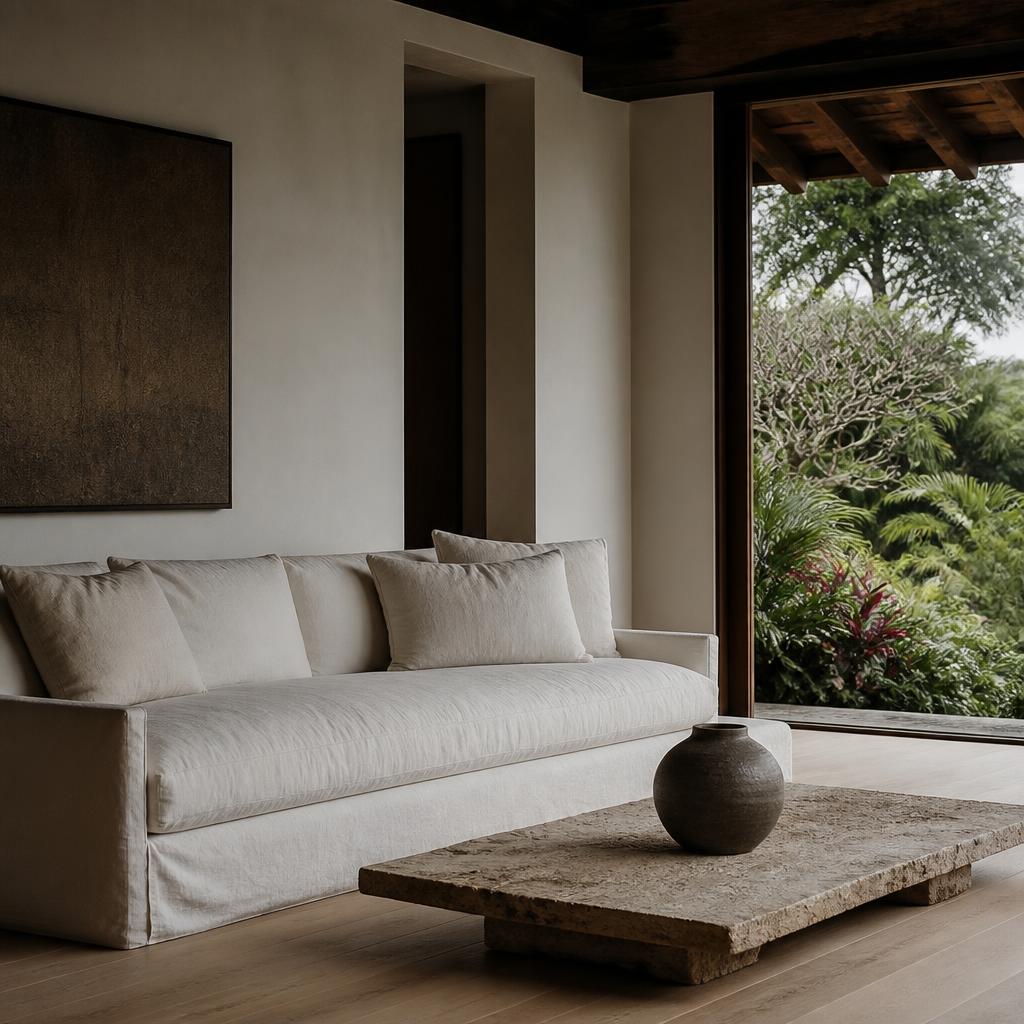 A serene living room in Costa Rica with a linen sofa, pale oak, and a single ceramic vessel.