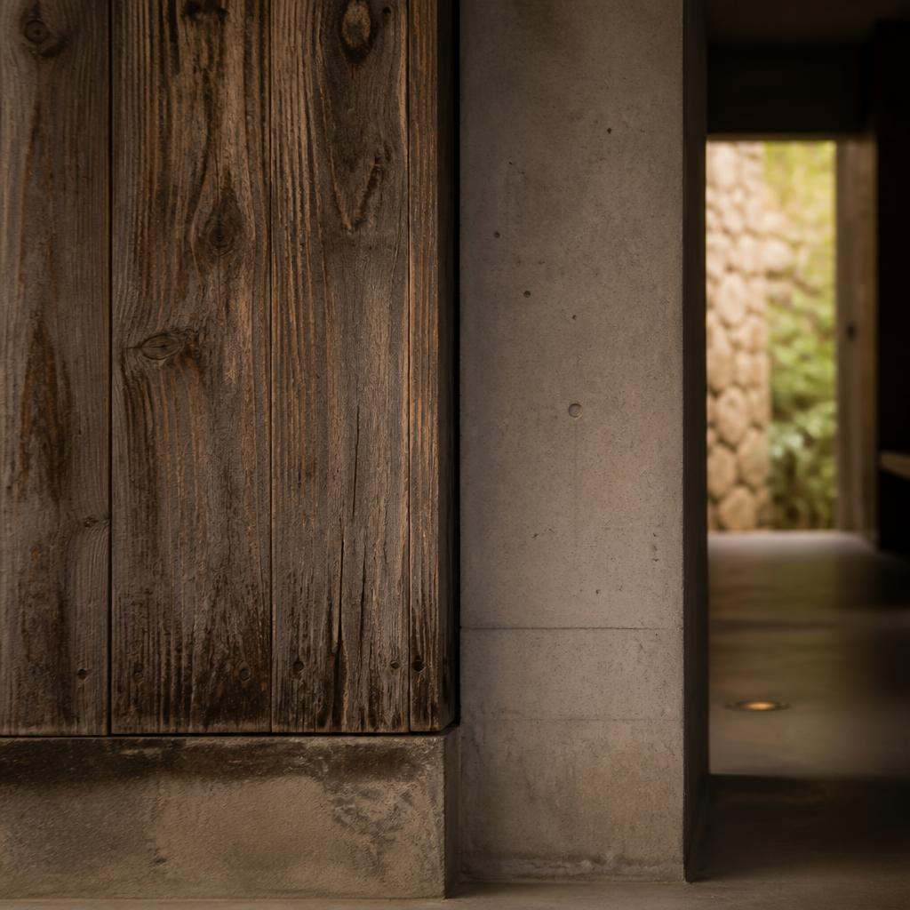 Weathered teak wood meeting raw concrete in a quiet Costa Rican residence detail.